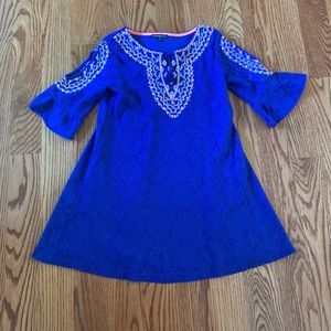 Blue dress with white and orange accents